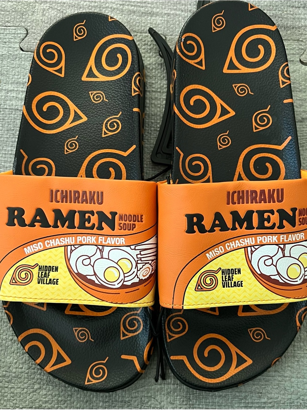 Naruto Ichiraku Ramen Men's Slide Sandals Black Orange Yellow Logo Slip-On